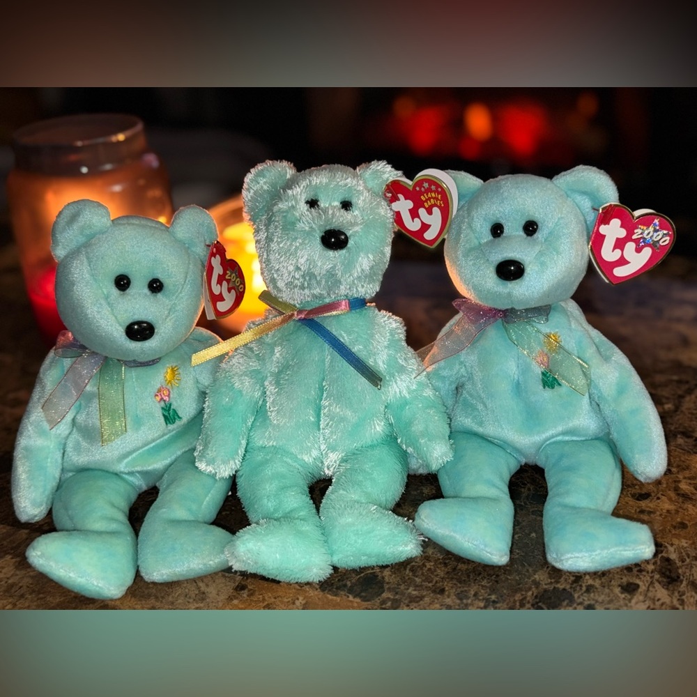 🧸 Ty Beanie Babies Sherbet & Ariel Teal Bear Trio Millennium 2000s Memorial Set